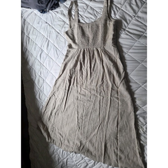 Old Navy Women's Linen Blend Midi Dress Beige Oatmeal A-Line V-Neck M Tall NWT - Picture 2 of 8